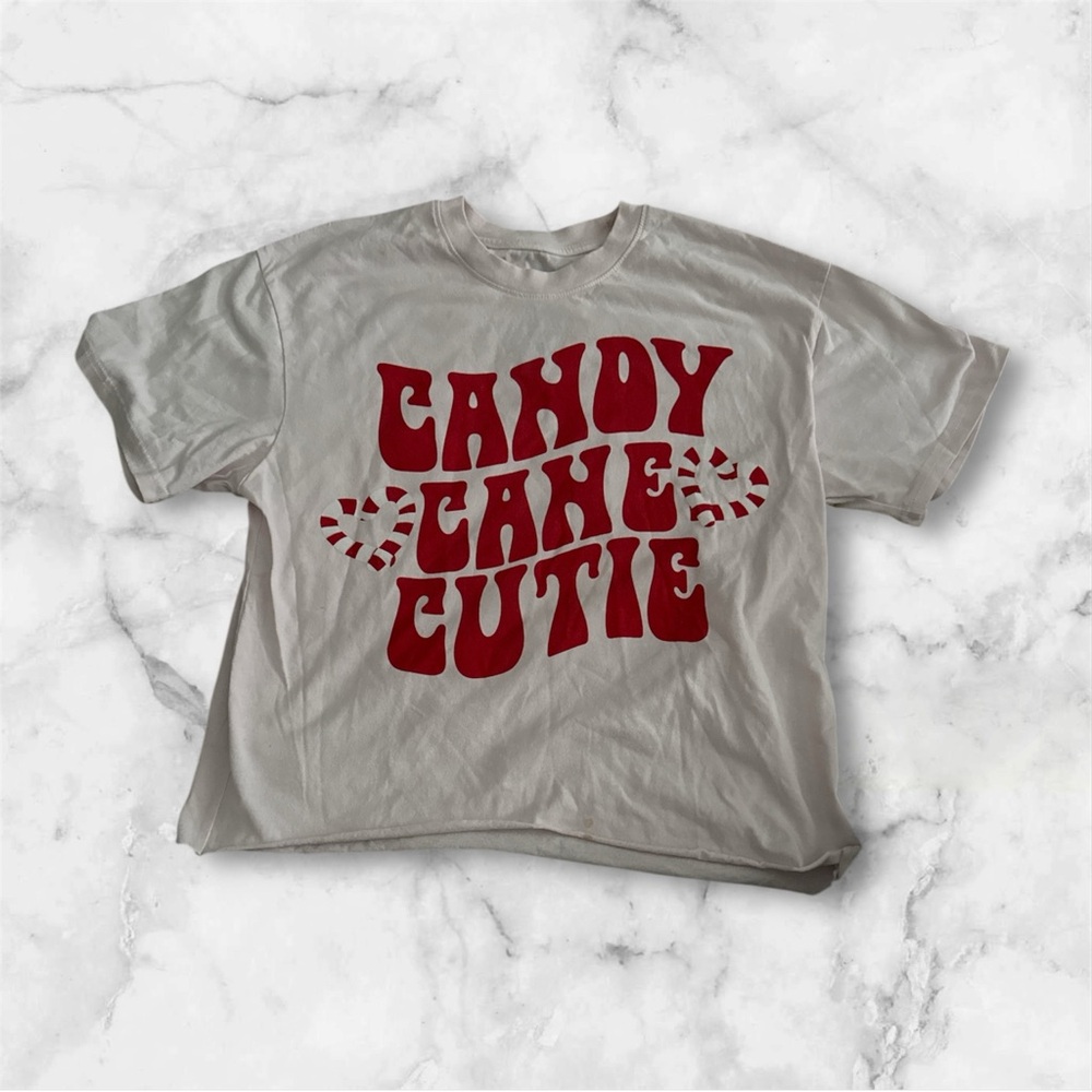 Candy Cane Cutie T-Shirt - pale pink shirt with Red print. Smile medium roomy